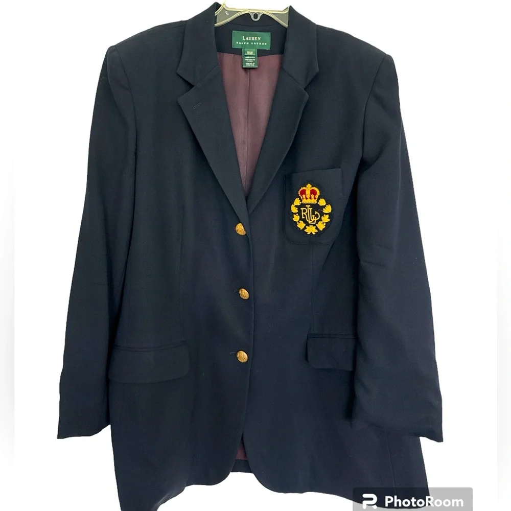 Lauren Ralph Lauren Vintage 100% Wool Navy Blue Crested Blazer Jacket Size 18W